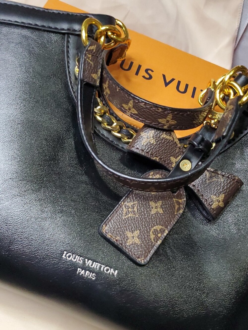 Black Lv Shoulder Bag with Brown Monogram Bow and Gold Hardware - Picture 11 of 14